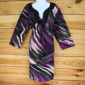 Bisou Bisou Dress Beaded Neck Women Size 20W Black Purple White Poly Long Sleeve